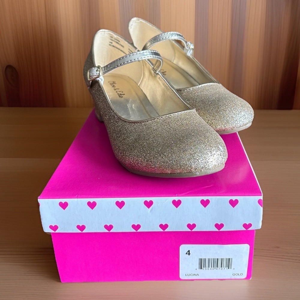 Olive & Edie Girls Lucina Mary Jane Heel 4 Gold Glitter Sparkly Princess Glam